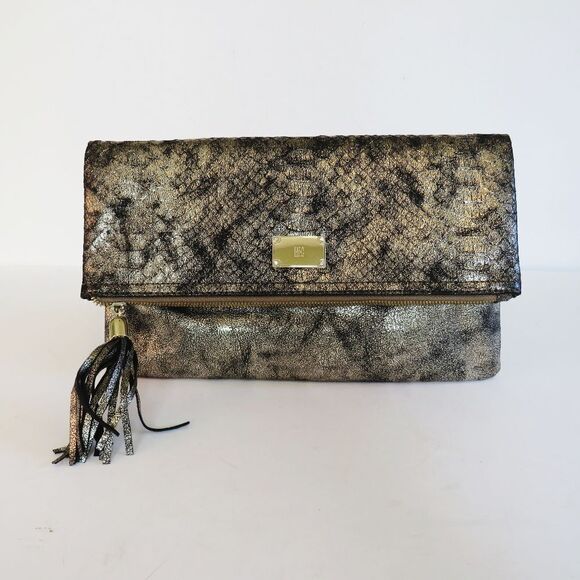 INC International Concepts Metallic Gold Bronze Black Frita Clutch Crossbody - Picture 16 of 16